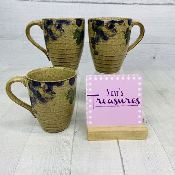 222 Fifth GRAPEVINE KHAKI Purple Grapes Stoneware Brown Trim 12oz Cup Mug Set 3